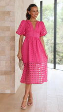 Bailey | Puff Sleeve Check Midi Dress – V Neck Button Front Garden Party