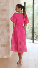 Bailey | Puff Sleeve Check Midi Dress – V Neck Button Front Garden Party