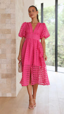 Bailey | Puff Sleeve Check Midi Dress – V Neck Button Front Garden Party