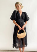 Bailey | Puff Sleeve Check Midi Dress – V Neck Button Front Garden Party