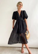 Bailey | Puff Sleeve Check Midi Dress – V Neck Button Front Garden Party