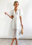 Bailey | Puff Sleeve Check Midi Dress – V Neck Button Front Garden Party