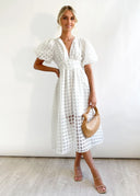 Bailey | Puff Sleeve Check Midi Dress – V Neck Button Front Garden Party