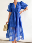 Bailey | Puff Sleeve Check Midi Dress – V Neck Button Front Garden Party