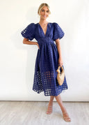 Bailey | Puff Sleeve Check Midi Dress – V Neck Button Front Garden Party