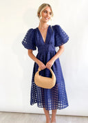 Bailey | Puff Sleeve Check Midi Dress – V Neck Button Front Garden Party