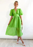 Bailey | Puff Sleeve Check Midi Dress – V Neck Button Front Garden Party