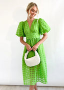 Bailey | Puff Sleeve Check Midi Dress – V Neck Button Front Garden Party