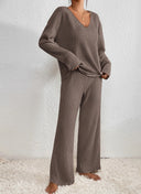 Marlene | Ribbed Knit Set – Casual V Neck Long Sleeve Wide Leg Pants