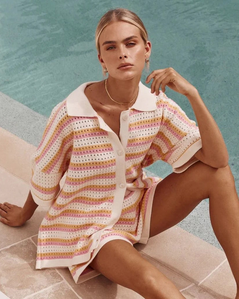 Bellatrix | Striped Crochet Two Piece Set – Button Top Shorts Co-ord