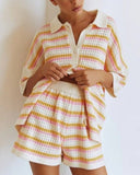 Bellatrix | Striped Crochet Two Piece Set – Button Top Shorts Co-ord