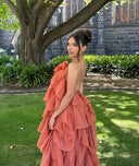 Bellina | Halter Neck Tiered Ruffle Maxi – 3D Flower Wedding Guest Dress