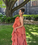 Bellina | Halter Neck Tiered Ruffle Maxi – 3D Flower Wedding Guest Dress