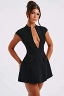 Benthe | Stand Collar Plunge V Neck Mini – Cap Sleeve A-Line Party Occasion Dress