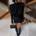 Billie | Satin Mini – High Neck Ruched Long Sleeve Padded Shoulder Going Out Party Dress