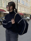 Blaise | Contrast Stitch Knit Sweater – Mock Neck Long Sleeve Drop Shoulder