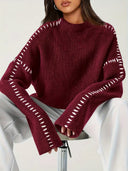 Blaise | Contrast Stitch Knit Sweater – Mock Neck Long Sleeve Drop Shoulder