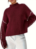 Blaise | Contrast Stitch Knit Sweater – Mock Neck Long Sleeve Drop Shoulder