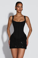 Blakeley | Corset Sequin Mini Dress – Square Neck Ruched Beaded Skirt