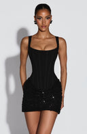 Blakeley | Corset Sequin Mini Dress – Square Neck Ruched Beaded Skirt