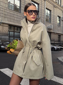 Brenda | Utility Solid Jacket – Casual Wear Drawstring Waist High Collar