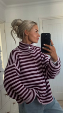 Brenna | Striped Knit Jacket – Funnel Neck Zip Front Long Sleeve