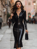 Bridget | Croc Effect Midi Dress – Evening Zip Front Collar Long Sleeve