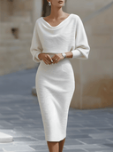 Bridget | Solid Midi Dress – Draped Cowl Neck Batwing Sleeve