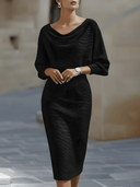 Bridget | Solid Midi Dress – Draped Cowl Neck Batwing Sleeve