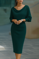 Bridget | Solid Midi Dress – Draped Cowl Neck Batwing Sleeve