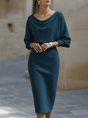 Bridget | Solid Midi Dress – Draped Cowl Neck Batwing Sleeve