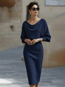 Bridget | Solid Midi Dress – Draped Cowl Neck Batwing Sleeve