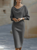 Bridget | Solid Midi Dress – Draped Cowl Neck Batwing Sleeve