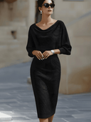 Bridget | Solid Midi Dress – Draped Cowl Neck Batwing Sleeve
