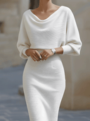 Bridget | Solid Midi Dress – Draped Cowl Neck Batwing Sleeve