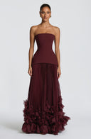 Brighton | Strapless Pleated Maxi Dress – Corset Bodice Floral Applique Hem