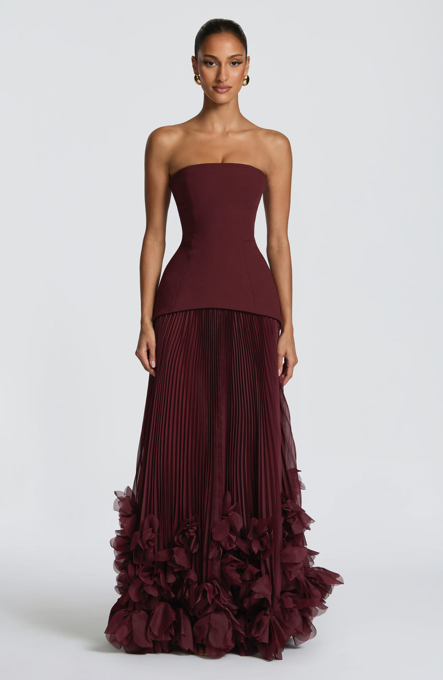 Brighton | Strapless Pleated Maxi Dress – Corset Bodice Floral Applique Hem