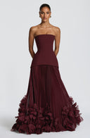 Brighton | Strapless Pleated Maxi Dress – Corset Bodice Floral Applique Hem
