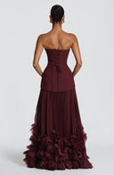 Brighton | Strapless Pleated Maxi Dress – Corset Bodice Floral Applique Hem