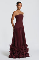 Brighton | Strapless Pleated Maxi Dress – Corset Bodice Floral Applique Hem