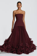 Brighton | Strapless Pleated Maxi Dress – Corset Bodice Floral Applique Hem