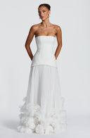 Brighton | Strapless Pleated Maxi Dress – Corset Bodice Floral Applique Hem
