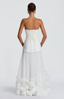 Brighton | Strapless Pleated Maxi Dress – Corset Bodice Floral Applique Hem