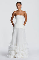 Brighton | Strapless Pleated Maxi Dress – Corset Bodice Floral Applique Hem
