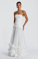Brighton | Strapless Pleated Maxi Dress – Corset Bodice Floral Applique Hem