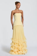 Brighton | Strapless Pleated Maxi Dress – Corset Bodice Floral Applique Hem