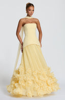 Brighton | Strapless Pleated Maxi Dress – Corset Bodice Floral Applique Hem
