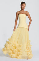 Brighton | Strapless Pleated Maxi Dress – Corset Bodice Floral Applique Hem