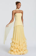 Brighton | Strapless Pleated Maxi Dress – Corset Bodice Floral Applique Hem