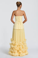 Brighton | Strapless Pleated Maxi Dress – Corset Bodice Floral Applique Hem